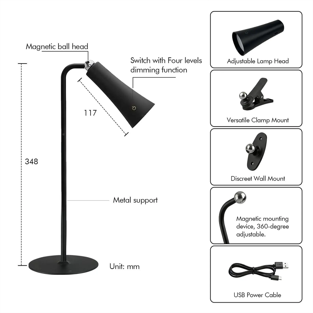 Multi-Functional Magnetic Task Light, Rechargeable Detachable Lamp With Clip, Wall Mount And Handheld Lighting Modes